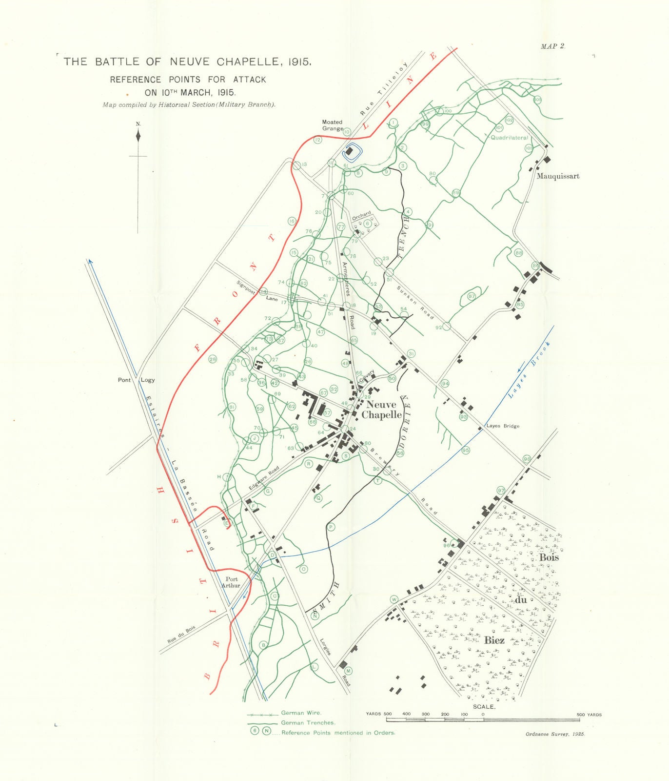 Battle of Neuve Chapelle. Attack 10th March 1915. Trenches 1928 old map